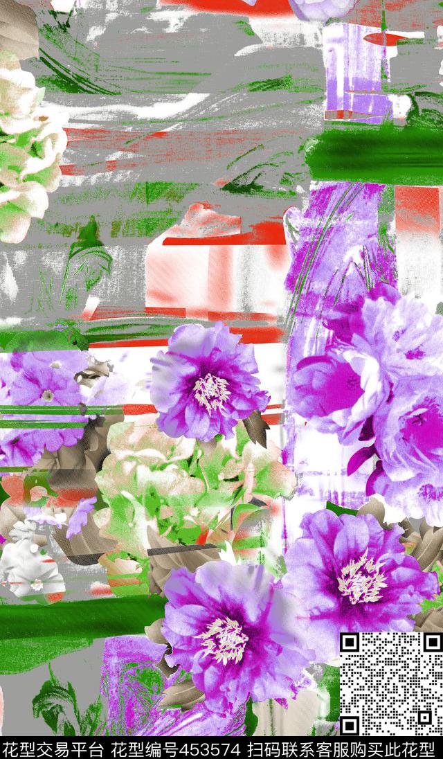 抽象花卉水墨数码印花华亿平台下载（图片编号: 453574） - 瓦栏（Walan）