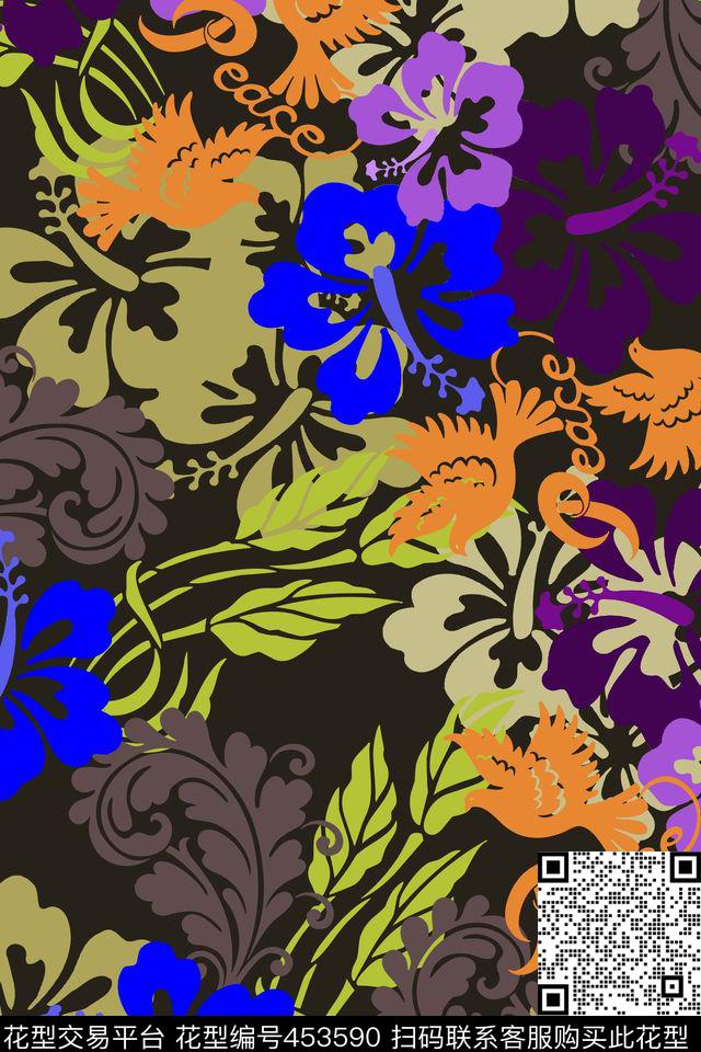 花卉牵牛花和平鸽传统印花华亿平台下载（图片编号: 453590） - 瓦栏（Walan）