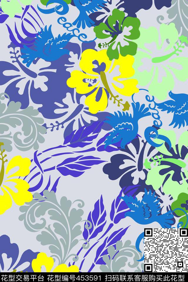 花卉牵牛花和平鸽传统印花华亿平台下载（图片编号: 453591） - 瓦栏（Walan）