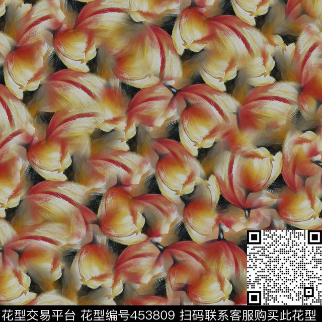 黑底满铺郁金香数码印花华亿平台下载（图片编号: 453809） - 瓦栏（Walan）