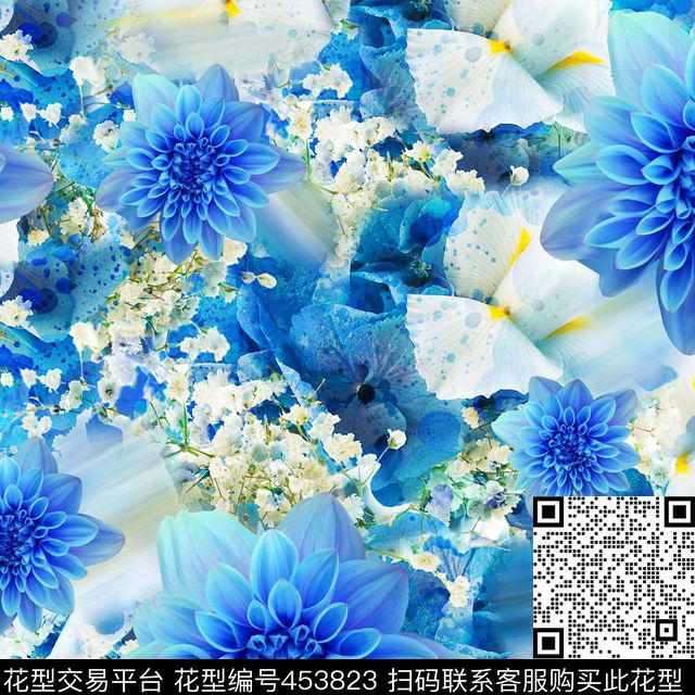流行光感效果女装清新蓝色花卉数码印花华亿平台下载（图片编号: 453823） - 瓦栏（Walan）