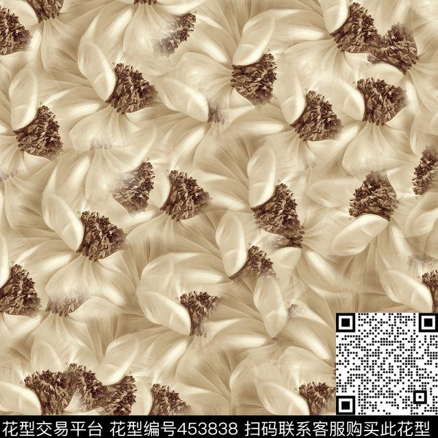 米色花卉手绘数码印花华亿平台下载（图片编号: 453838） - 瓦栏（Walan）