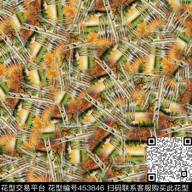 秋意手绘树林时尚数码印花华亿平台下载（图片编号: 453846） - 瓦栏（Walan）