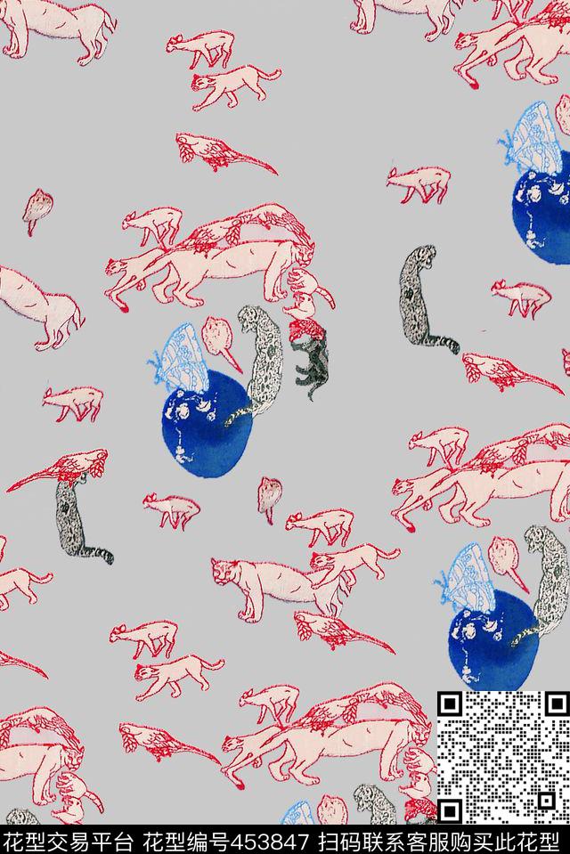 豹子动物蝴蝶传统印花华亿平台下载（图片编号: 453847） - 瓦栏（Walan）