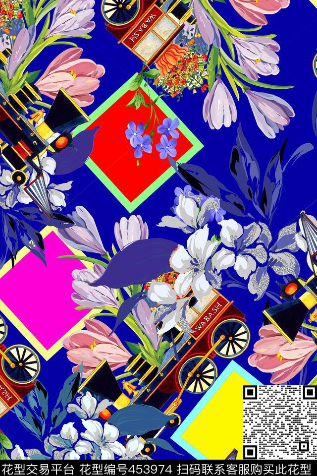 花卉火车头几何数码印花华亿平台下载（图片编号: 453974） - 瓦栏（Walan）