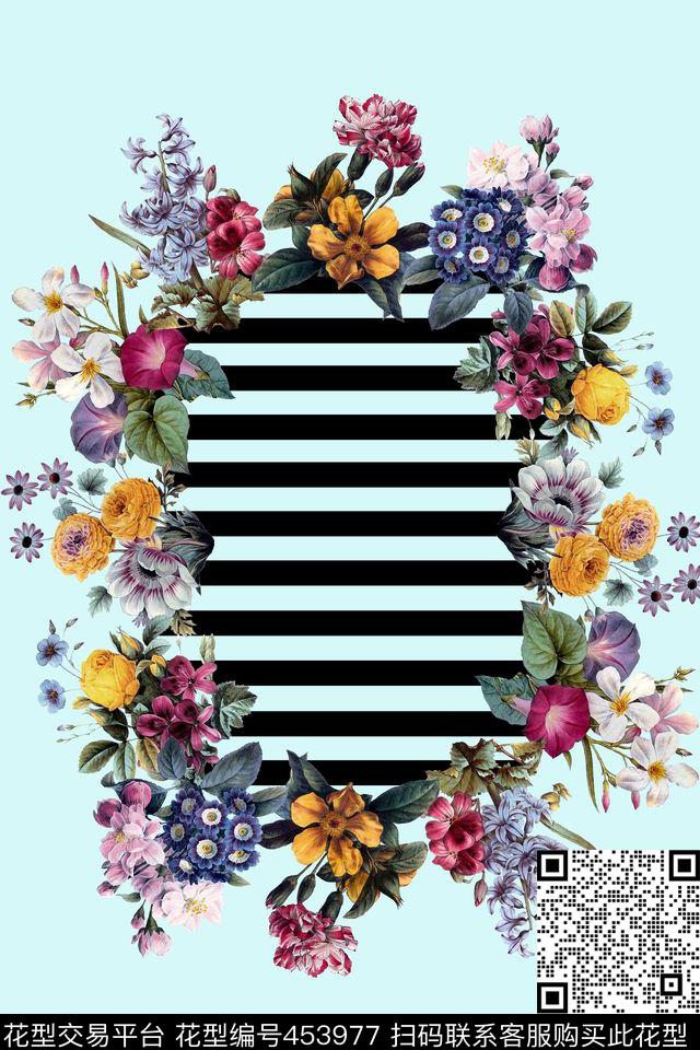 黑白线条手绘水彩花时尚定位女装数码印花华亿平台下载（图片编号: 453977） - 瓦栏（Walan）