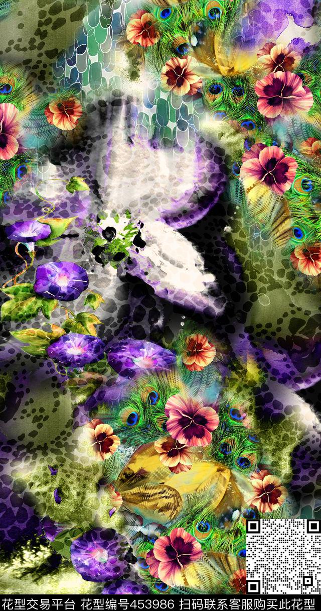斑点石花朵孔雀羽毛数码印花华亿平台下载（图片编号: 453986） - 瓦栏（Walan）