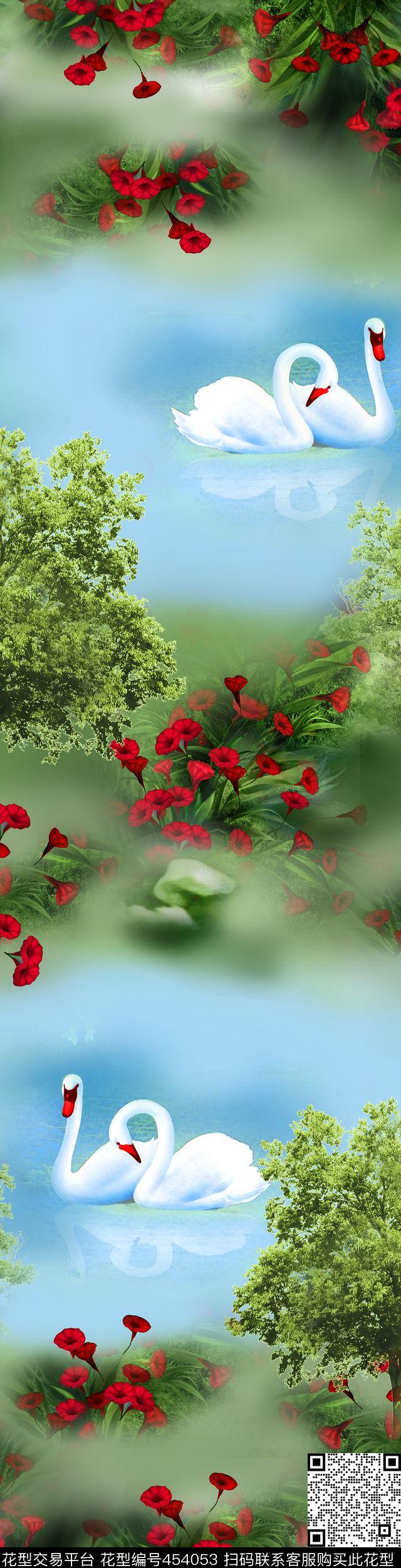 清新天鹅花卉数码印花华亿平台下载（图片编号: 454053） - 瓦栏（Walan）