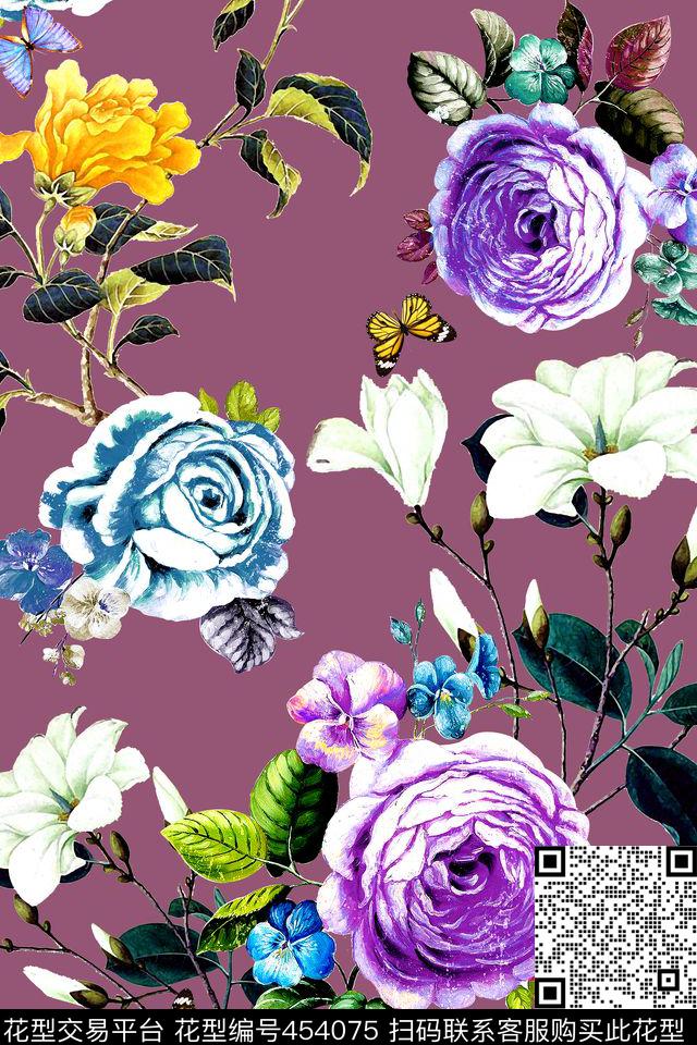 时尚花卉蝴蝶数码印花华亿平台下载（图片编号: 454075） - 瓦栏（Walan）