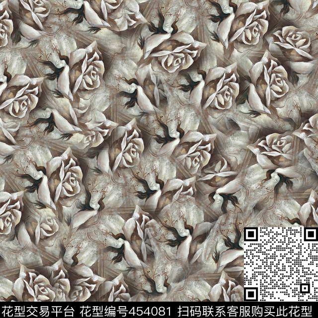 手绘玫瑰白玫瑰数码印花华亿平台下载（图片编号: 454081） - 瓦栏（Walan）