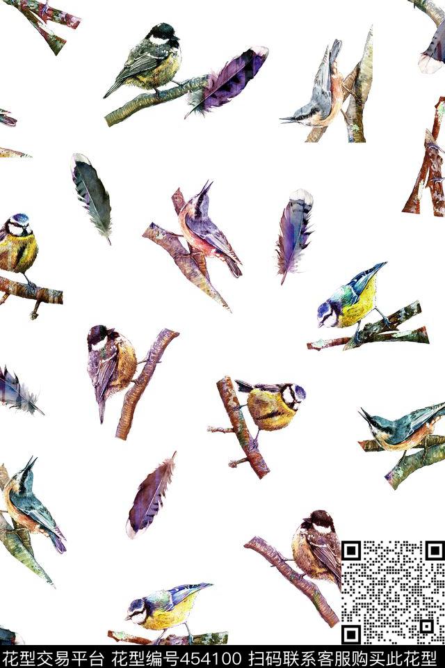 手绘小鸟羽毛套装华亿平台数码印花华亿平台下载（图片编号: 454100） - 瓦栏（Walan）