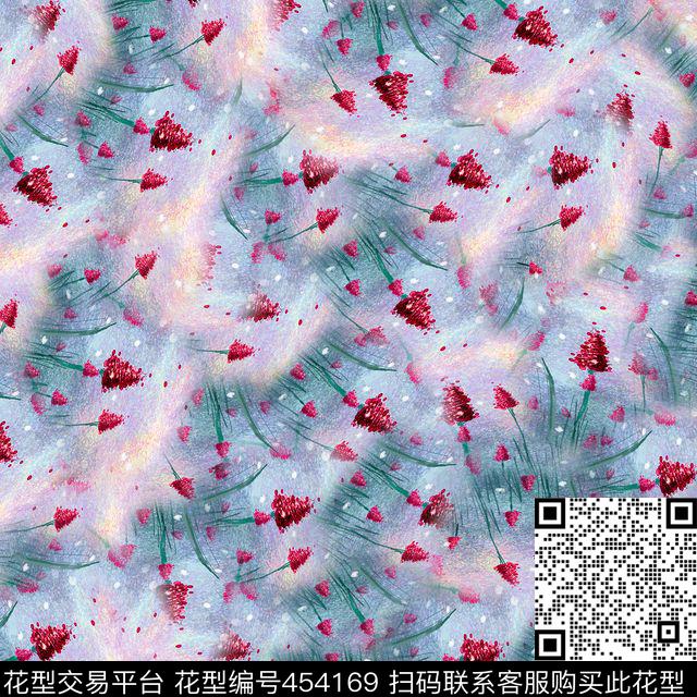 手绘薰衣草花绘红色数码印花华亿平台下载（图片编号: 454169） - 瓦栏（Walan）