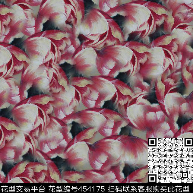 手绘郁金香红色数码印花华亿平台下载（图片编号: 454175） - 瓦栏（Walan）