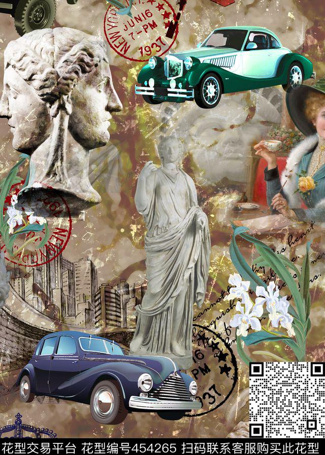 雕像复古时尚兰花数码印花华亿平台下载（图片编号: 454265） - 瓦栏（Walan）