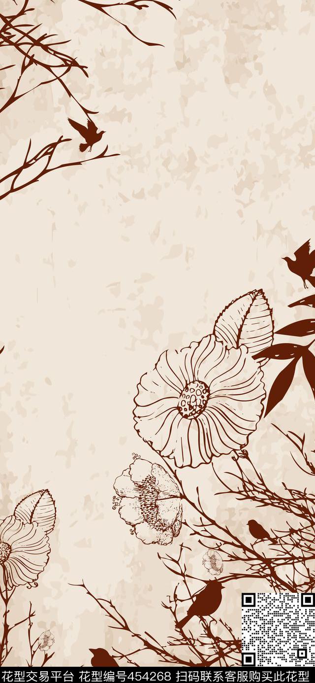 花鸟树枝线条数码印花华亿平台下载（图片编号: 454268） - 瓦栏（Walan）