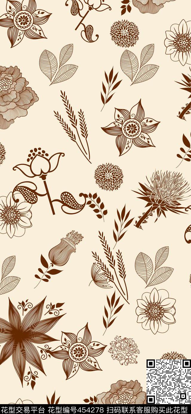 单色复古花纹数码印花华亿平台下载（图片编号: 454278） - 瓦栏（Walan）