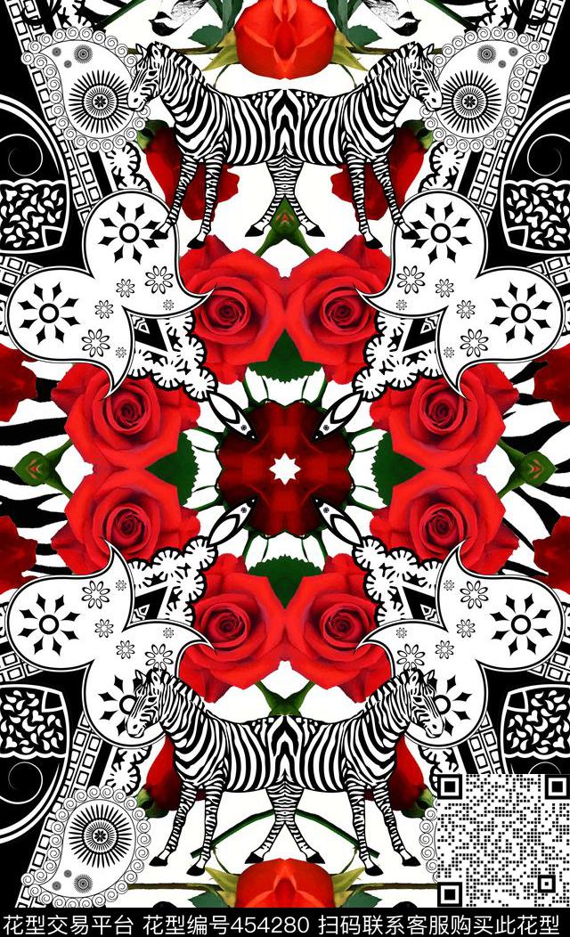 手绘玫瑰斑马数码印花华亿平台下载（图片编号: 454280） - 瓦栏（Walan）
