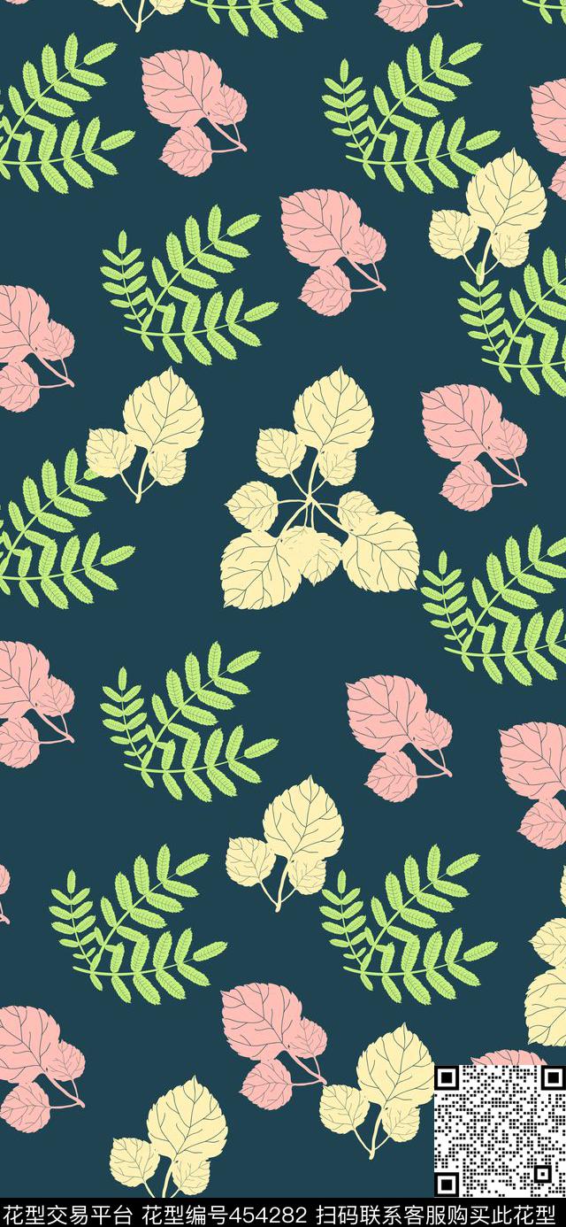 线条写意叶子数码印花华亿平台下载（图片编号: 454282） - 瓦栏（Walan）