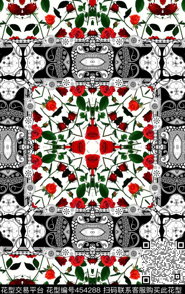 定位花玫瑰腰果花数码印花华亿平台下载（图片编号: 454288） - 瓦栏（Walan）