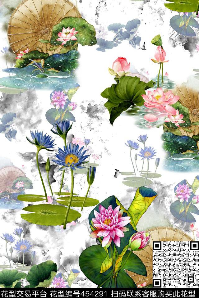 荷花荷叶雨伞竹子时尚休闲风数码印花华亿平台下载（图片编号: 454291） - 瓦栏（Walan）
