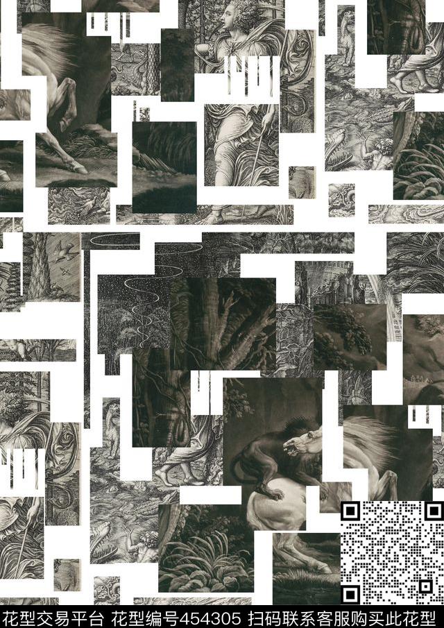 插画大牌文艺复兴几何抽象数码印花华亿平台下载（图片编号: 454305） - 瓦栏（Walan）