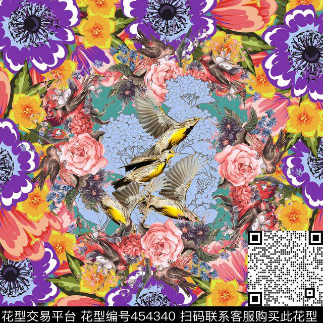 田园风花卉大花小鸟传统印花华亿平台下载（图片编号: 454340） - 瓦栏（Walan）