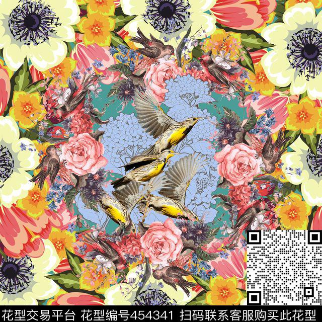 田园风花卉大花小鸟传统印花华亿平台下载（图片编号: 454341） - 瓦栏（Walan）