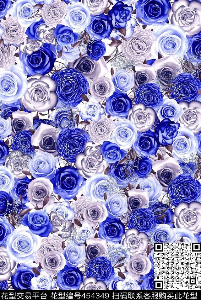 大牌蓝色妖姬玫瑰花束数码印花华亿平台下载（图片编号: 454349） - 瓦栏（Walan）