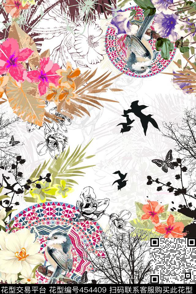 丛林植物鸟传统印花华亿平台下载（图片编号: 454409） - 瓦栏（Walan）