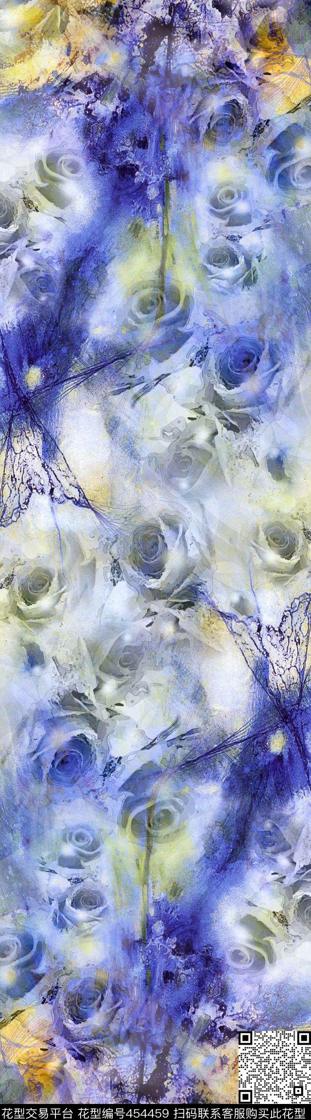 水墨花蓝色水墨玫瑰花数码印花华亿平台下载（图片编号: 454459） - 瓦栏（Walan）