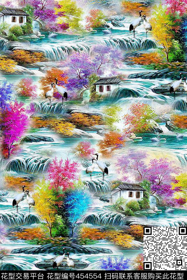 高山枫林仙鹤数码印花华亿平台下载（图片编号: 454554） - 瓦栏（Walan）