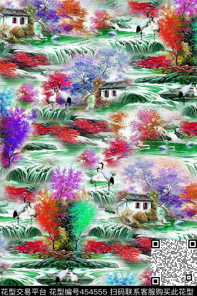 高山枫林仙鹤数码印花华亿平台下载（图片编号: 454555） - 瓦栏（Walan）