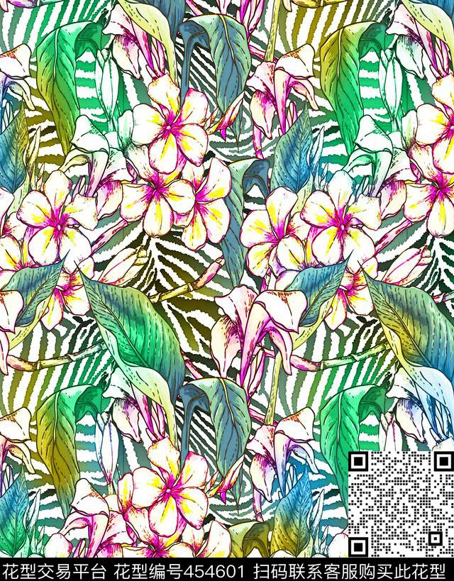 热带风格斑马纹、热带花卉热带植物数码印花华亿平台下载（图片编号: 454601） - 瓦栏（Walan）