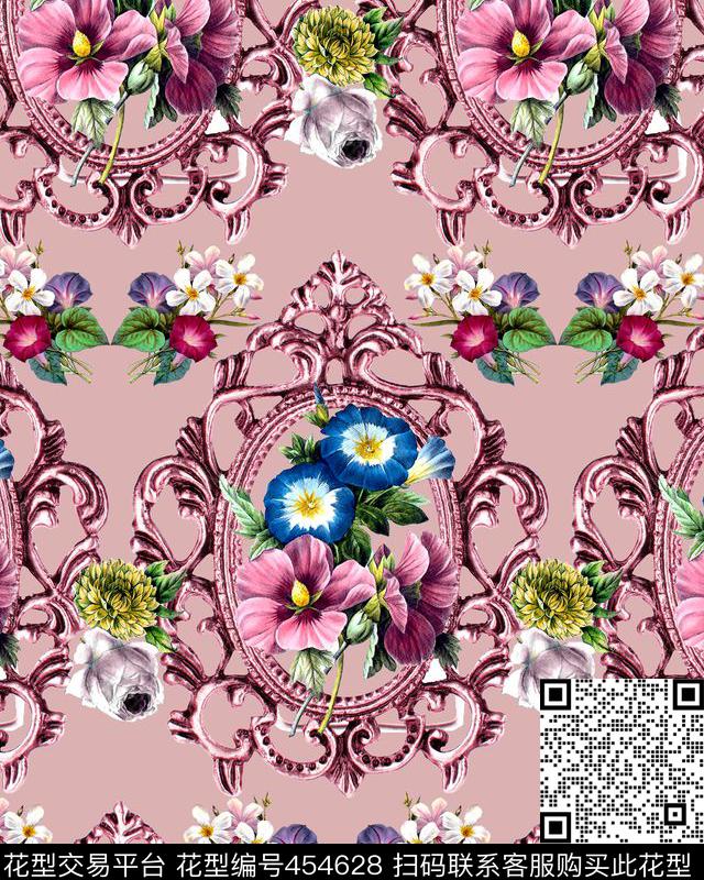 欧式边框花卉数码印花华亿平台下载（图片编号: 454628） - 瓦栏（Walan）