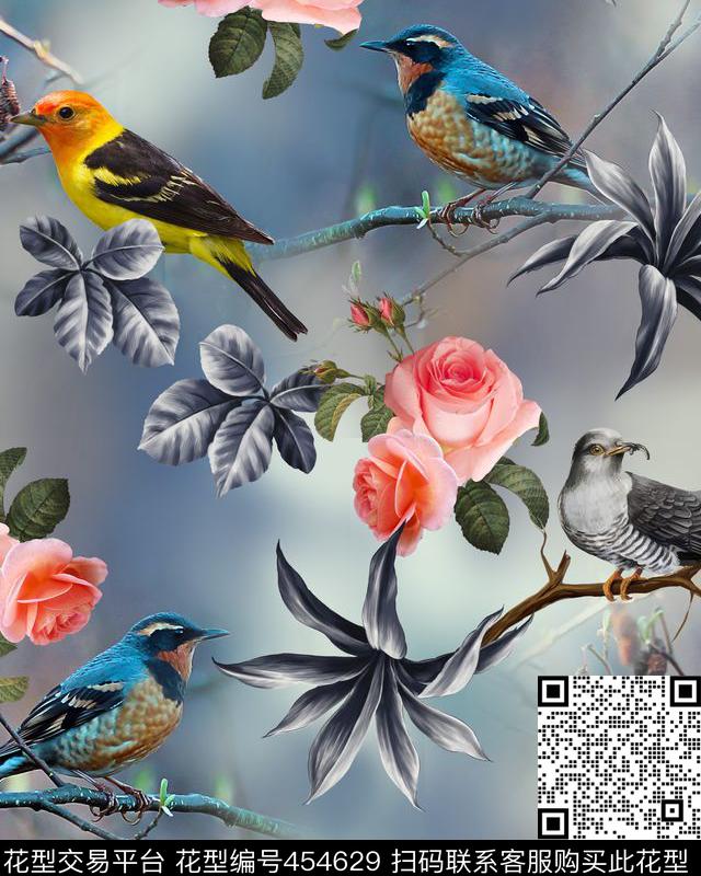 时尚优雅花鸟数码印花华亿平台下载（图片编号: 454629） - 瓦栏（Walan）