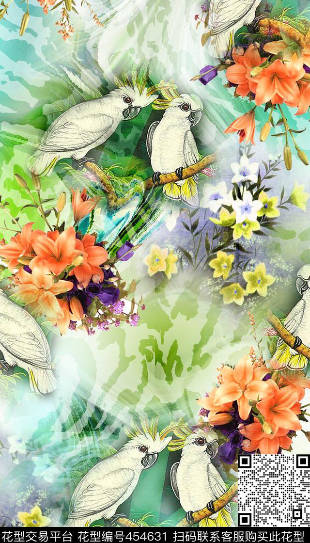 时尚优雅花鸟数码印花华亿平台下载（图片编号: 454631） - 瓦栏（Walan）