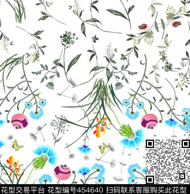 韩版兰色小花和叶子女装华亿平台数码印花华亿平台下载（图片编号: 454640） - 瓦栏（Walan）