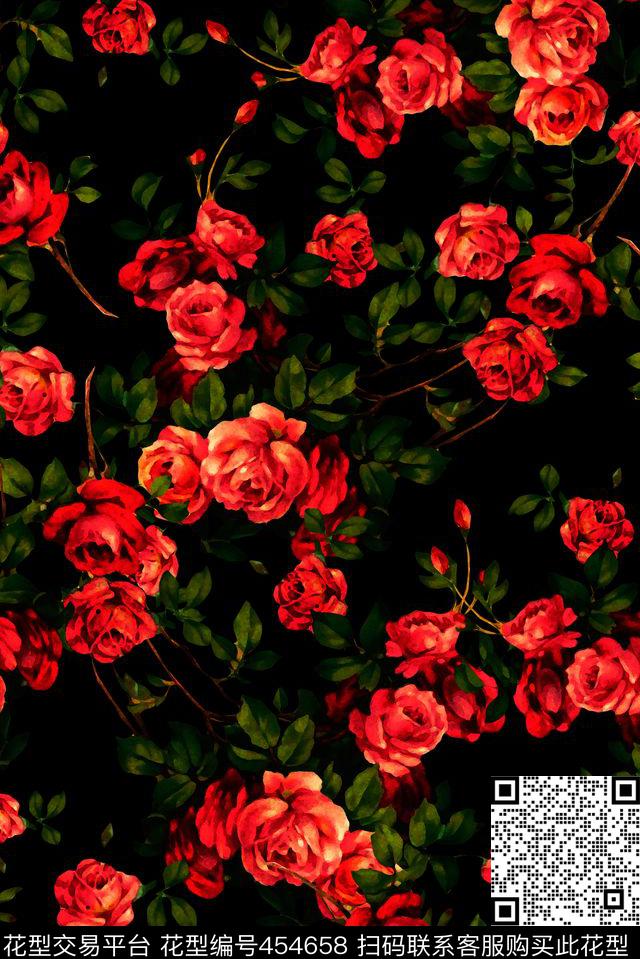 小清新手绘红花绿叶黑底流行时尚数码印花华亿平台下载（图片编号: 454658） - 瓦栏（Walan）