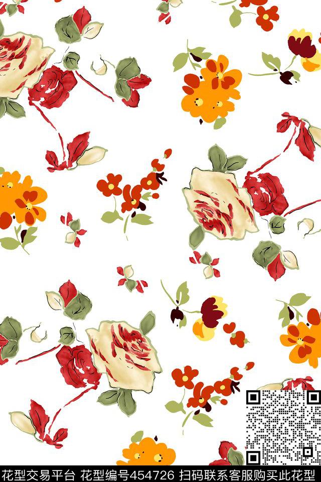 日韩手绘小花水墨画数码印花华亿平台下载（图片编号: 454726） - 瓦栏（Walan）