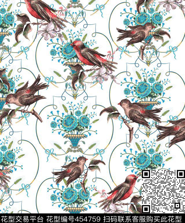 自然小鸟花卉数码印花华亿平台下载（图片编号: 454759） - 瓦栏（Walan）