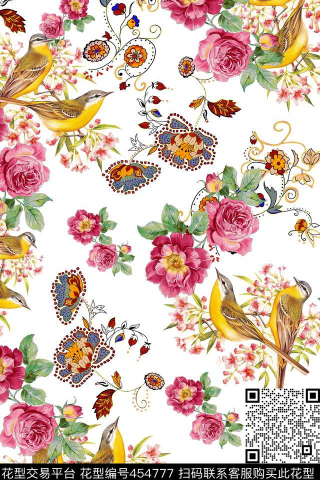 花卉散花小鸟数码印花华亿平台下载（图片编号: 454777） - 瓦栏（Walan）