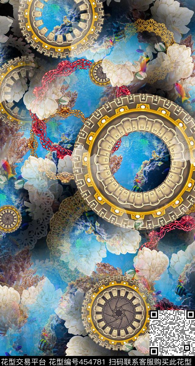 欧式纹样海洋生物金属古典花卉复古服装时尚欧式复古潮流数码印花华亿平台下载（图片编号: 454781） - 瓦栏（Walan）