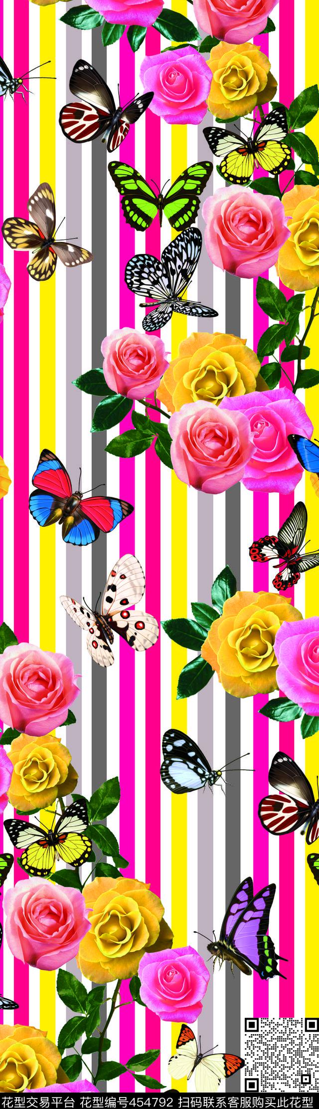 蝴蝶花卉条子数码印花华亿平台下载（图片编号: 454792） - 瓦栏（Walan）