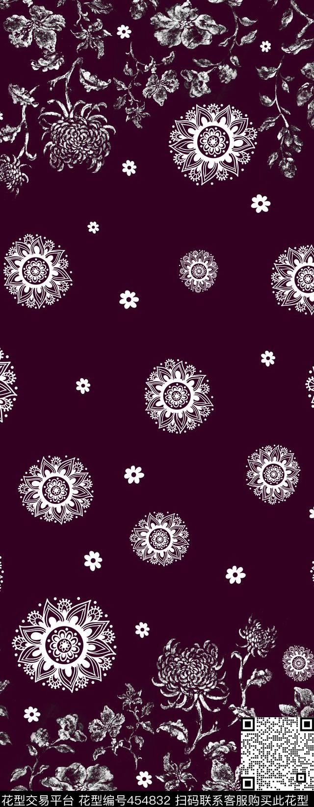 长巾系列花卉剪影传统印花华亿平台下载（图片编号: 454832） - 瓦栏（Walan）