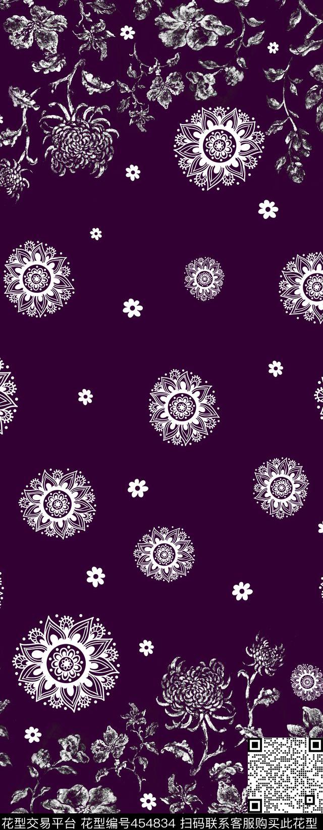 长巾系列花卉剪影传统印花华亿平台下载（图片编号: 454834） - 瓦栏（Walan）