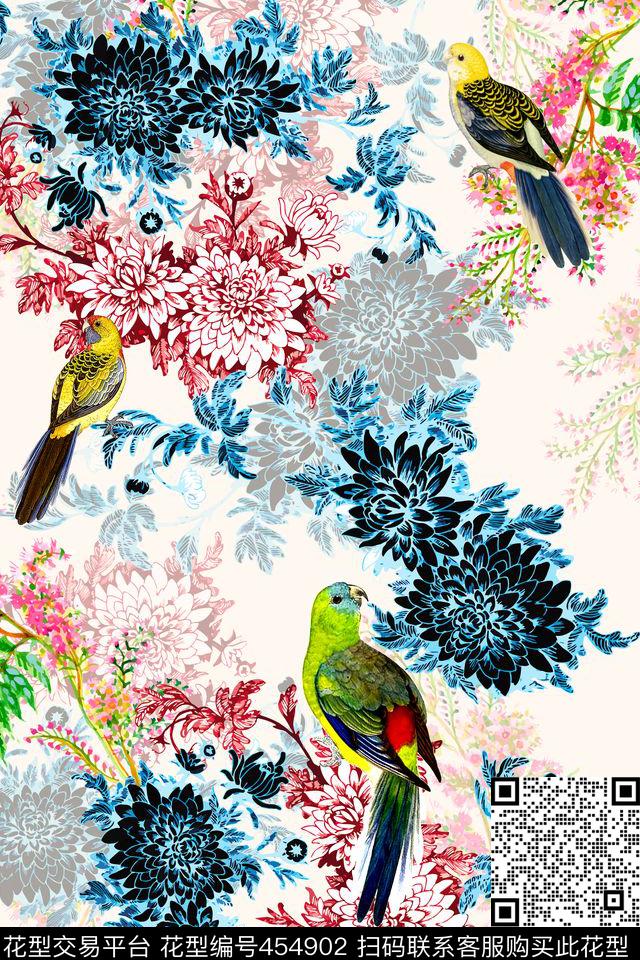 中国风牡丹花鹦鹉数码印花华亿平台下载（图片编号: 454902） - 瓦栏（Walan）