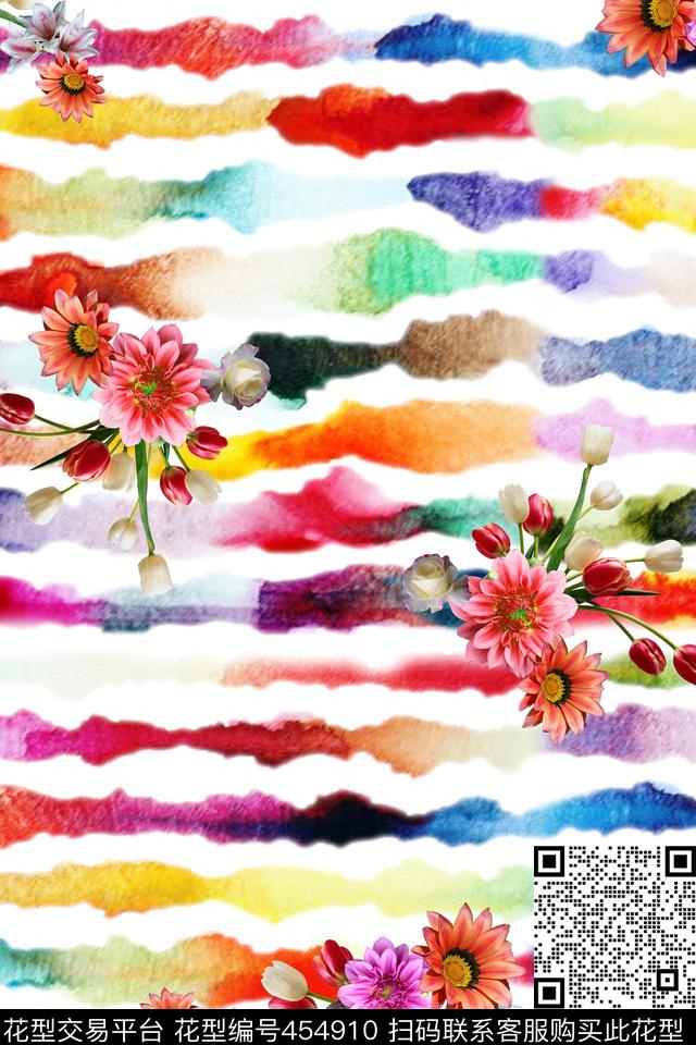 水彩花彩条数码印花华亿平台下载（图片编号: 454910） - 瓦栏（Walan）