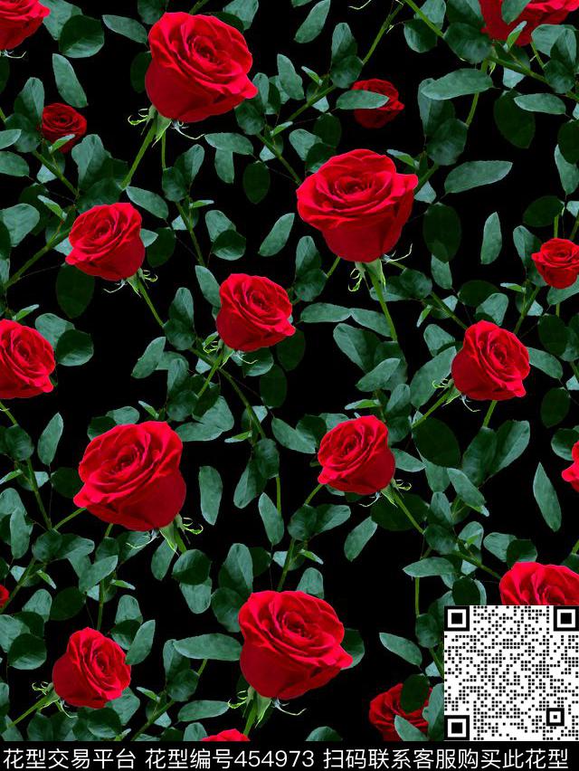 复古油画花玫瑰花叶子绿叶花藤复古红色橄榄绿白底黑底花底底色与花分层传统印花华亿平台下载（图片编号: 454973） - 瓦栏（Walan）
