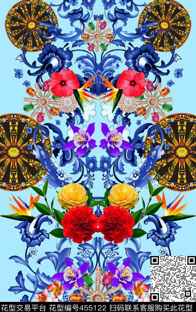 青花瓷珠宝轮子数码印花华亿平台下载（图片编号: 455122） - 瓦栏（Walan）