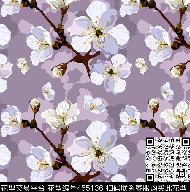 田园风梅花四方连续数码印花华亿平台下载（图片编号: 455136） - 瓦栏（Walan）